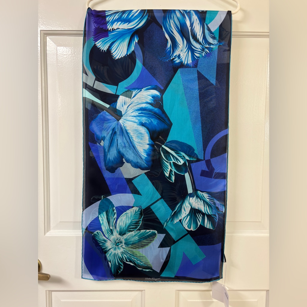 Nwt Salvatore Ferragamo Italian Blue And Teal Silk Scarf 62”X16”